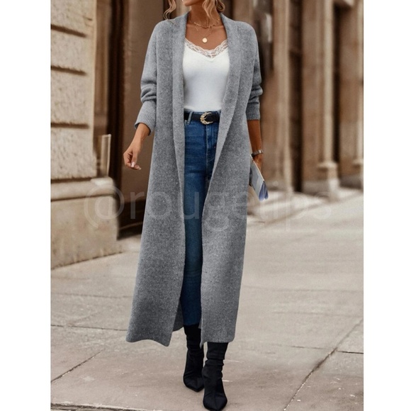 Rouge! Sweaters - Grey Duster Shawl Cardigan Knit Long Open Long Sleeve